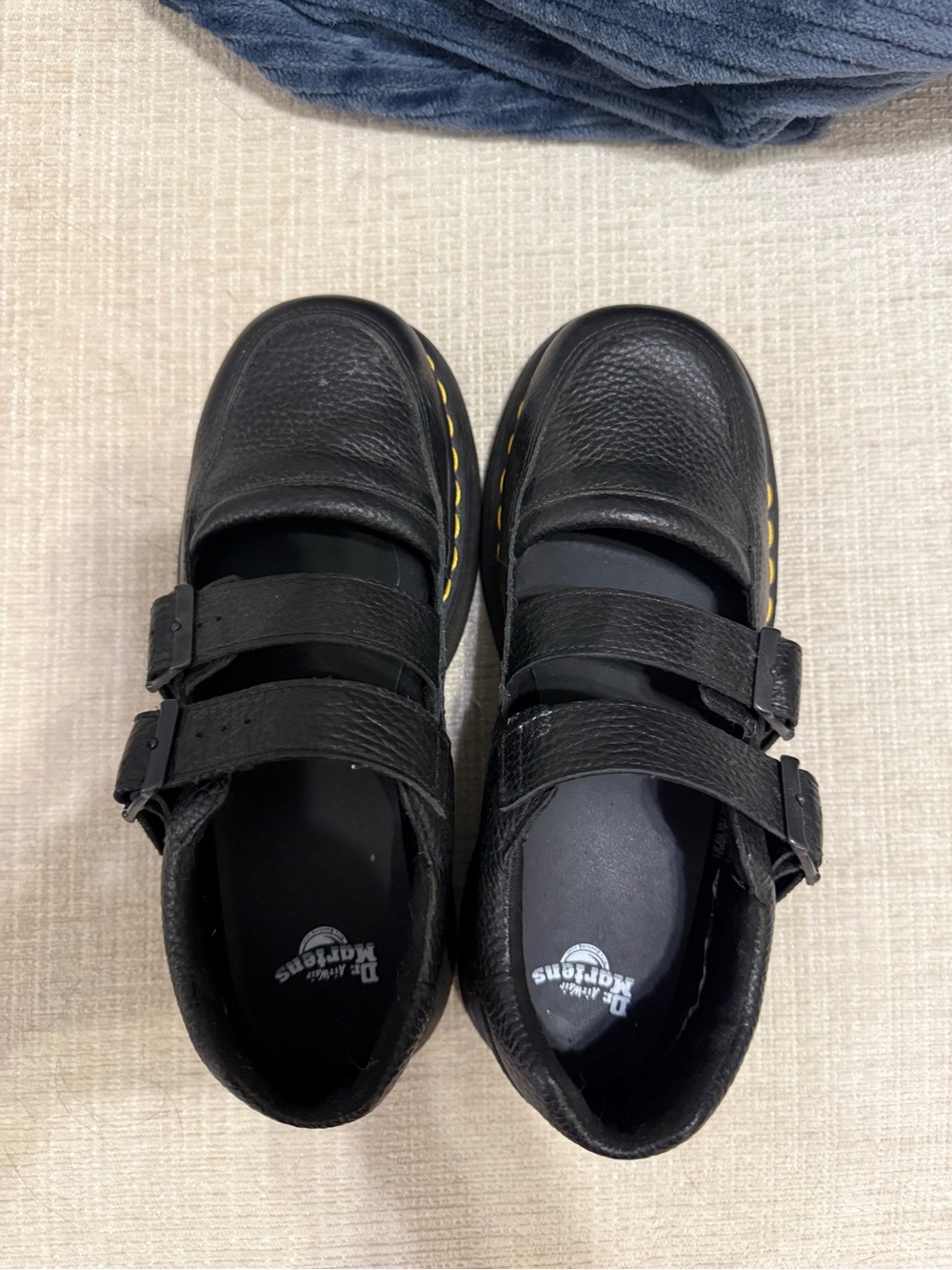 Dr. Martens Black Double-Strap Platform Mary Jane Shoes with Yellow Stitching